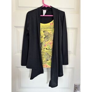 VTG Y2K 90s Dream Girl Layered Black Yellow Top Butterflies Peace Love Shirt 7/8